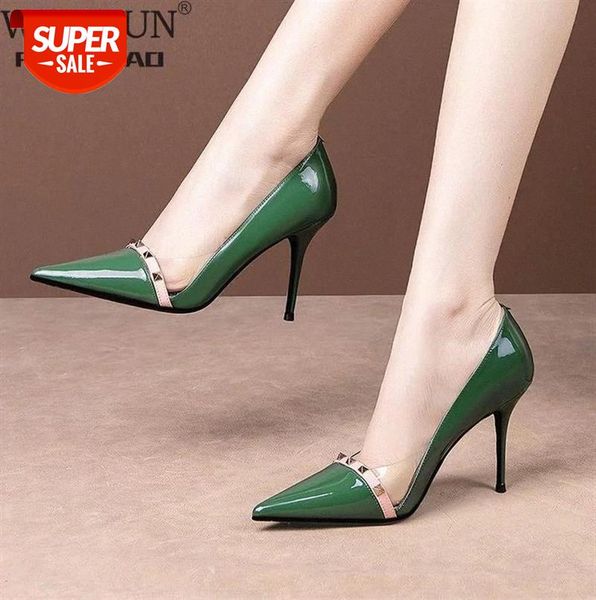 

Patent Leather Sexy Heels Shoes Pointed Toe Rivet Super High Green Pumps Women Dress Stilettos 2020 New Fashion #U35v, Black