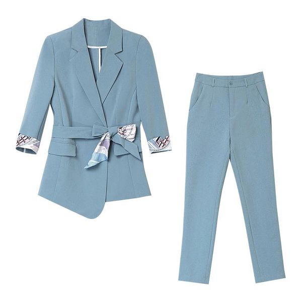 

women's two piece pants office ladies blazer suit spring summer slim women pant korean lace up jacket & high waist casual female 2 piec, White