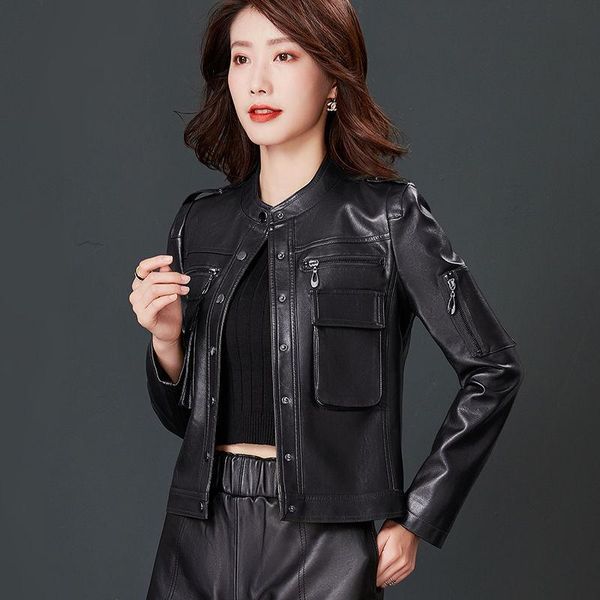 

women's leather & faux women fashion autumn short zipper pu coat female jacket casual long sleeve motorcycle x556, Black