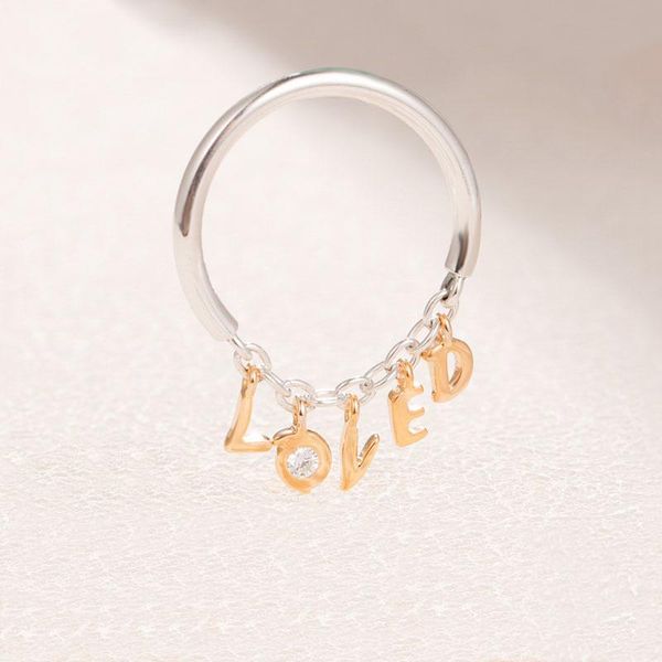 

authentic 925 sterling silver pan ring creative love classic script for women wedding party gift fashion jewelry cluster rings, Golden;silver