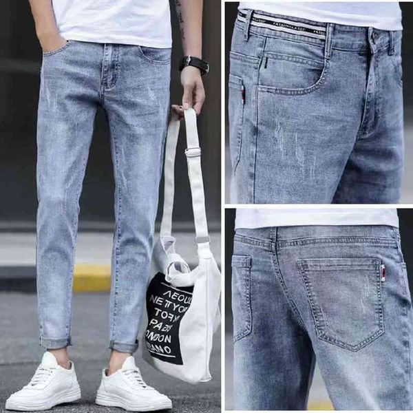 

slim straight jeans men's summer fashion 2021 autumn korean nine point casual light leggings, Blue