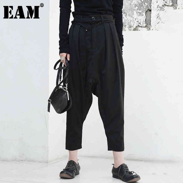 

[eam] spring high waist black fold split joint loose brief personality cross-pants women trousers fashion jg915 21512, Black;white