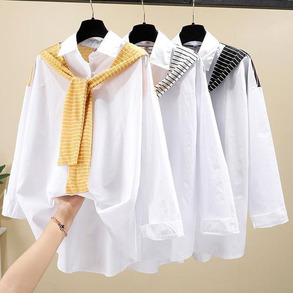 

women's blouses & shirts women blouse long sleeve fake two-piece autumn loose shirt striped shawl drawstring patchwork blusas ropa de, White