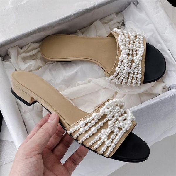 

pearl beading women slippers 2021 summer slides casual beach shoes woman outside flat slipper ladies flats sandals, Black
