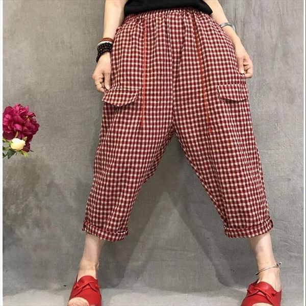 

summer arts style elastic waist womens capris calf length cotton linen vintage pants loose casual plaid harem big size m58, Black;white