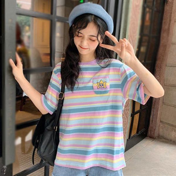 

women's t-shirt summer t-shirts fashion korean style small fresh rainbow striped tee loose short-sleeve o-neck shirt, White
