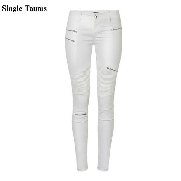 Low Cintura Couro Pu Calças Mulheres Streetwear Falso Zíperes Branco Cargo Punk Push Up Plus Size Skinny Coated Jean Mujer 211115