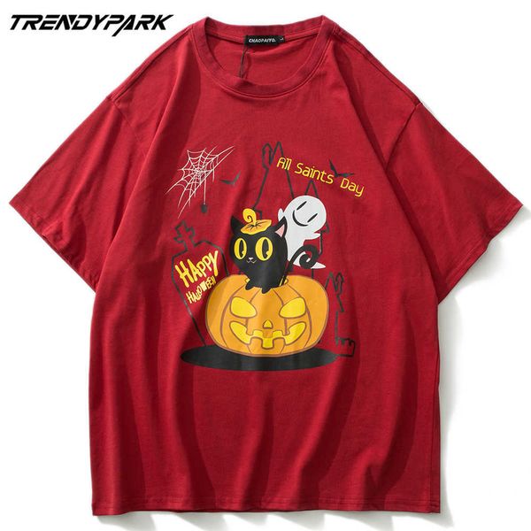 

men's t-shirt halloween pumpkin black cat printed summer short sleeve tee cotton casual harajuku streetwear tshirts clothing 210601, White;black