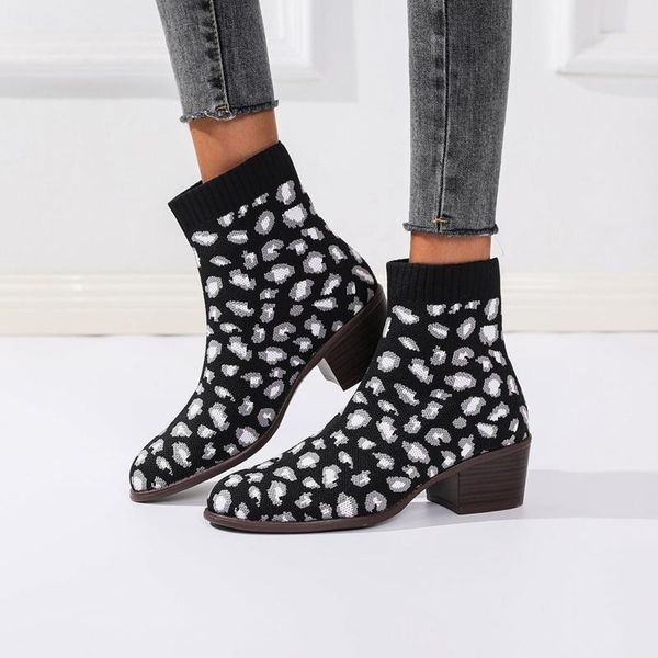 

boots 2021 fabric stretch socks shoes women slim short chunky heel pointed toe ankle winter warm woman, Black