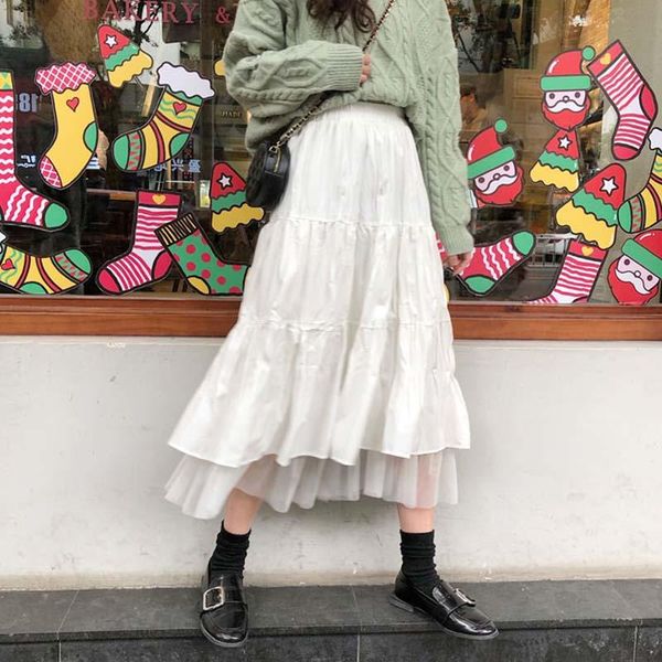 

skirts autumn winter boho long skirt women high waist ruffles white black beach pink tulle korean pleated patchwork x919