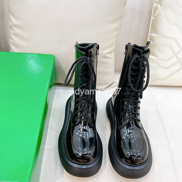 

boots fashion thick bottom color matching patent leather middle tube front lace up comfortable temperament simple women's, Black