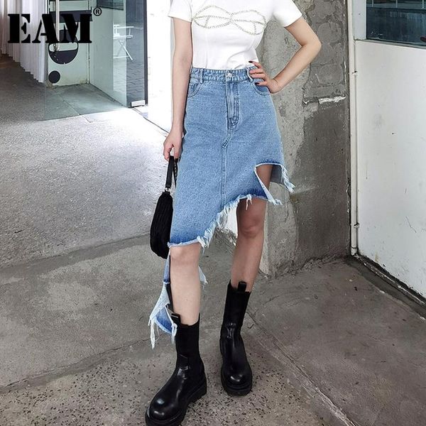 

skirts [eam] high elastic waist blue denim burrs irregular casual half-body skirt women fashion tide spring summer 2021 1dd8123, Black