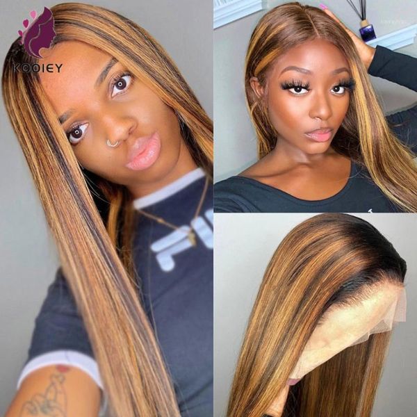 

glueless 13x6 lace front human hair wig straight highlight brazilian remy ombre pre plucked natural hairline bleached knots1, Black;brown