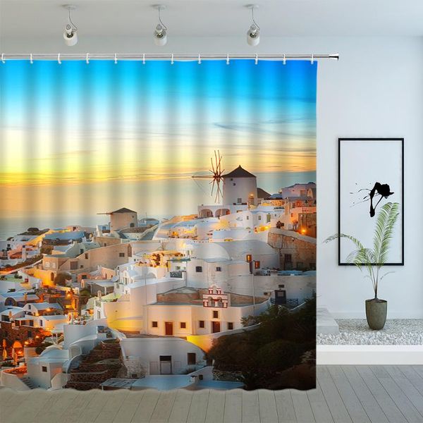 

shower curtains mediterranean architecture landscape beautiful house seaside scenery bathroom cloth hanging curtain sets