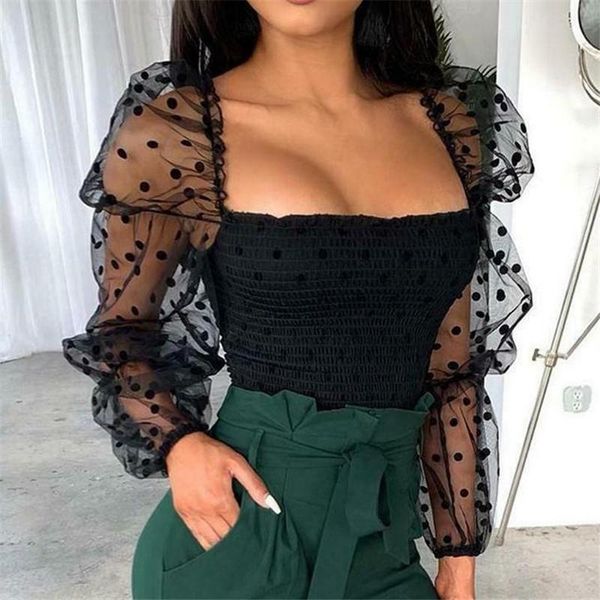 

women's t-shirt women elastic fashion polka dot mesh sheer puff see-through long sleeves wear female short slim casual tees, White