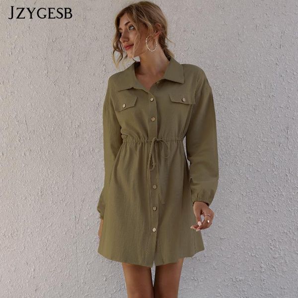 

casual dresses jzygesb cotton women autumn dress 2021 suit collar button belt long sleeve a-line midi for vestidos, Black;gray