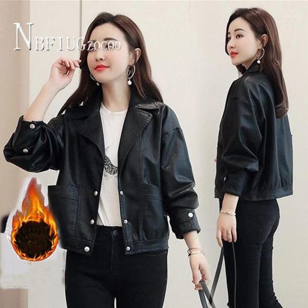 

women's leather & faux 2021 autumn winter korean lining with fluff women pu coat short style locomotive female jacket1, Black