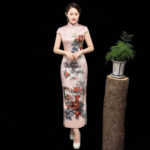 

ethnic clothing vintage satin flower printed qipao traditional mandarin collar oriental chinese dress lady slim split classic elegant cheong, Red
