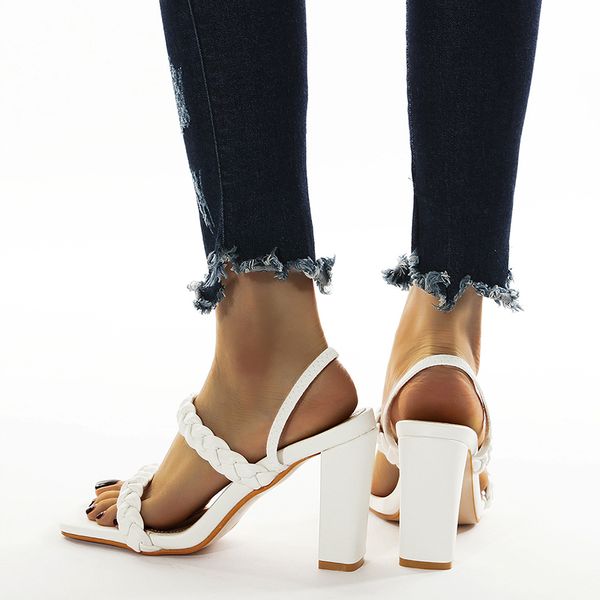 

2021 womens high heels sandals female solid pu leather beach square toe shoes ladies summer casual comfortable footwear, Black
