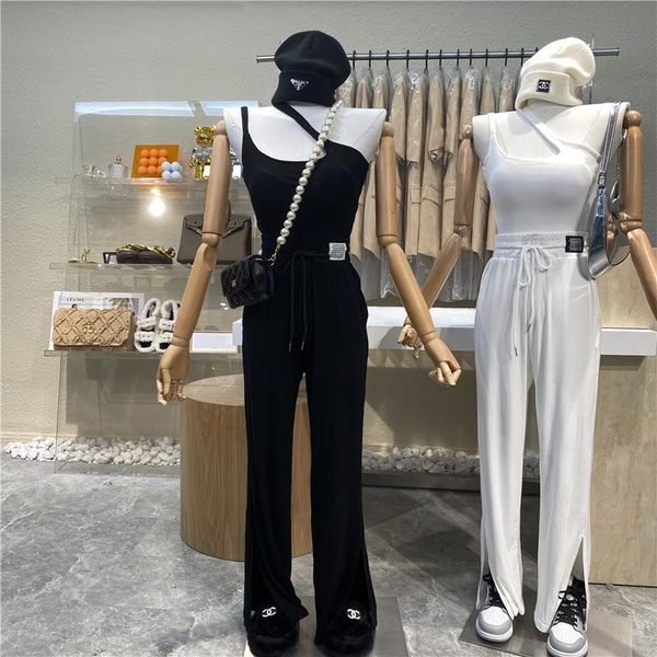 

niche design oblique off-the-shoulder slim fit chest pad back patch elastic waist loose wide-leg split pants suit women's two piece, White