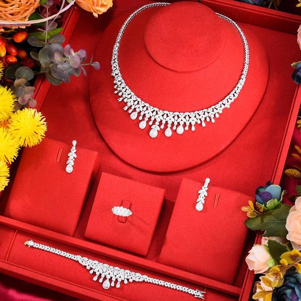 

earrings & necklace blachette fashion noble exclusive pendant bracelet ring 4pcs dubai bride wedding engagement zircon jewelry set, Silver