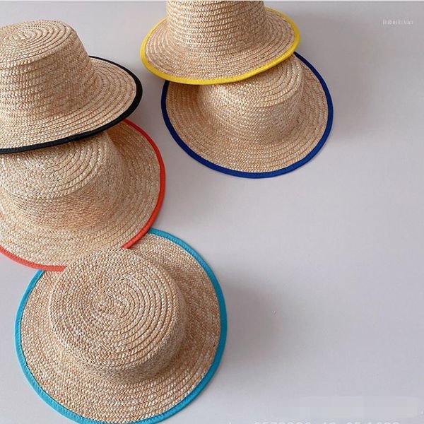 

summer korean style fashion straw hats with colorful brim boys and girls flat beach hat caps &1, Yellow