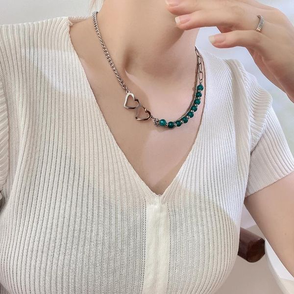 

pendant necklaces beaded love clavicle chain titanium steel double necklace female ins retro heart layered for women, Silver