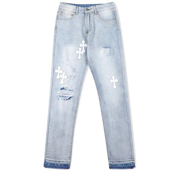 

men's jeans 2021 men fashion leather cross high street blue trousers streetwear hip hop straight men/women pants moto trouse