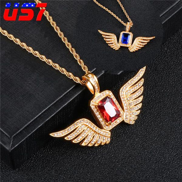 

pendant necklaces us7 square red blue crystal wing pendants luxury rhinestone women stainless steel wedding men jewelry, Silver