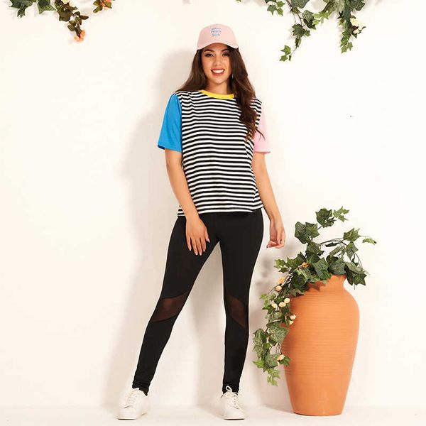 

women's two piece pants summer trouser suit black striped patchwork short sleeve t-shirt mesh stretchable slim legging tracksuit 2, White