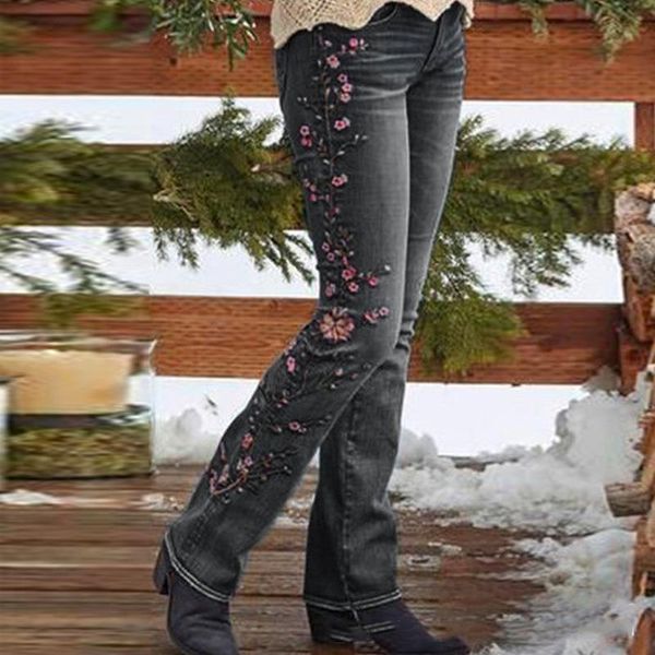 

women's jeans vintage embroidery women flower pants 2021 fall winter fashion plus size straight mid waist womens, Blue
