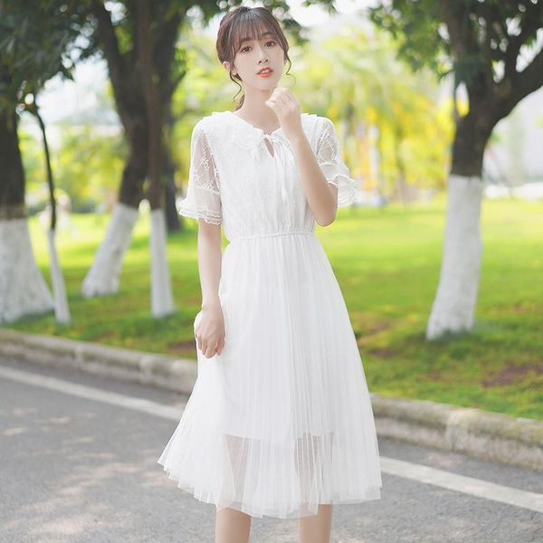 

casual dresses chic khaki summer 2021 loose lace dress tight waist super fairy short sleeve ruffled mesh crocheted, Black;gray