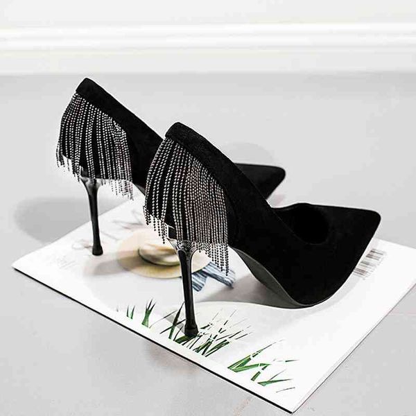 

dress shoes fashion single shoe woman,high heels chains tassels, women pumps, pointed toes ,slip-on ,female black office shoe