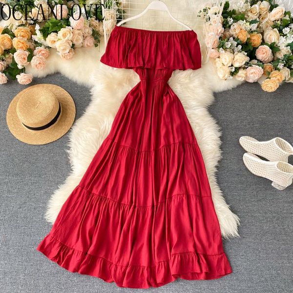 

summer dress solid a-line off shoulder woman dresses ruffles beach style korean vestidos slash neck 19816 casual, Black;gray