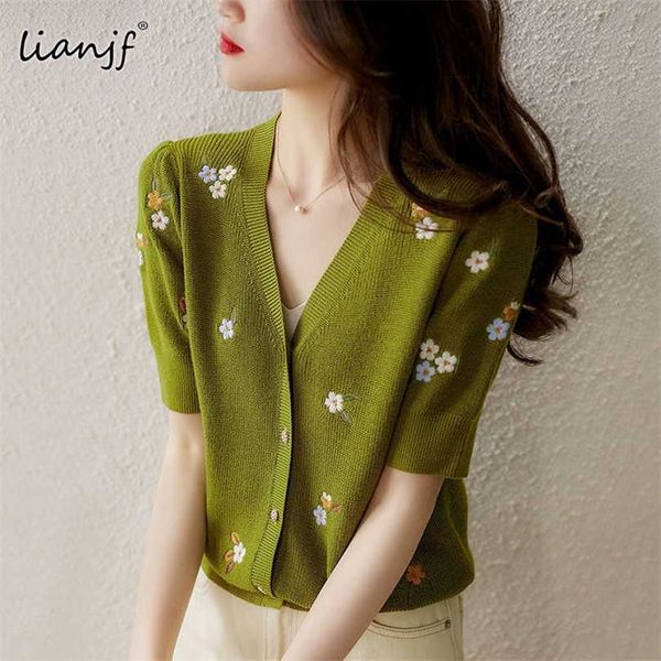 Green Summer Summer Summer Sweater Cardigans Women V-Neck Realizzato a mano Modelli di stampa Maglieria Ladies manica corta manica corta Casual Top Coat 211018