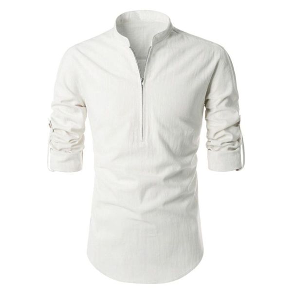 

men's casual shirts feitong streetwear white shirt men slim long sleeved zipper stand collar pullover solid color vetement homme, White;black
