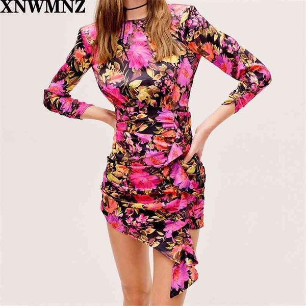 

women floral print mini dress o-neck 3/4 sleeves with shoulder pads shirred asymmetry skirt cascading ruffle 210520, Black;gray