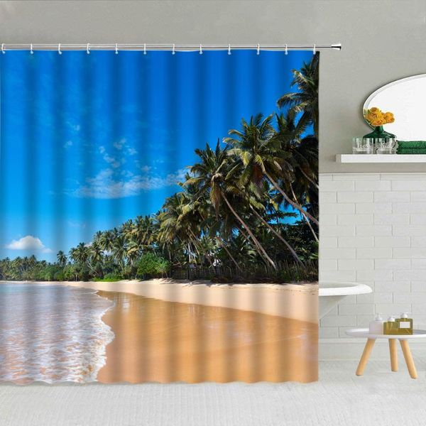 

shower curtains seaside beach waves coconut tree scenery curtain ocean landscape bathroom decor sea view waterproof bath screen