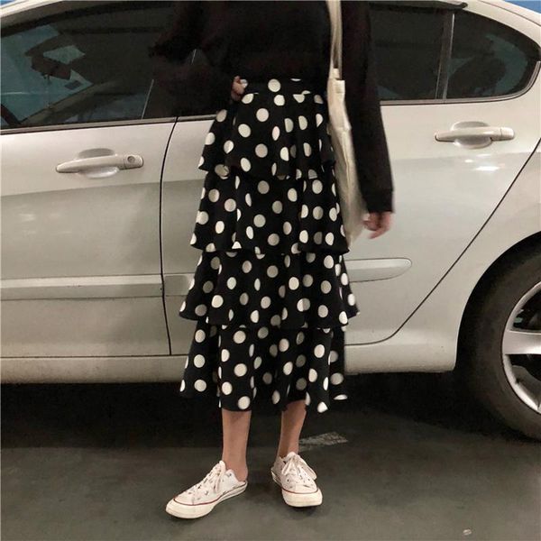 

skirts korean style high waist women thin irregular double fishtail wave point harajuku cake a word female, Black