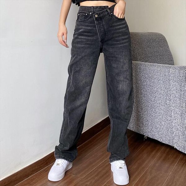 

mom baggay high waist womens jeans straight pants black fashion casual loose undefined trousers, Blue