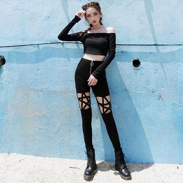 

women's pants & capris women punk gothic high waist leggings hollow out five-pointed star zipper pantalon verano mujer #@, Black;white