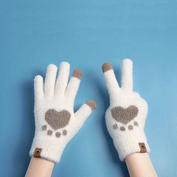 

five fingers gloves women autumn winter touch screen cat pattern warm cold glove outdoor sprot cycling knitted and mitten, Blue;gray