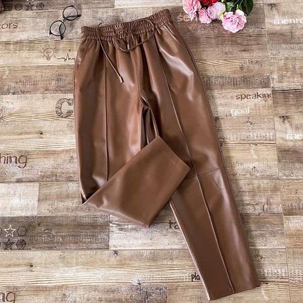 

100% sheepskin leather pants women korean fashion trousers high waist straight female spring 2021 ropa mujer pph4239 women's & capris, Black;white