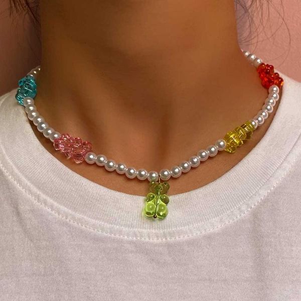 

chokers 2021 sweet gummy bear white pearl beaded necklace for women colorful cartoon jelly bead strand choker party jewelry, Golden;silver