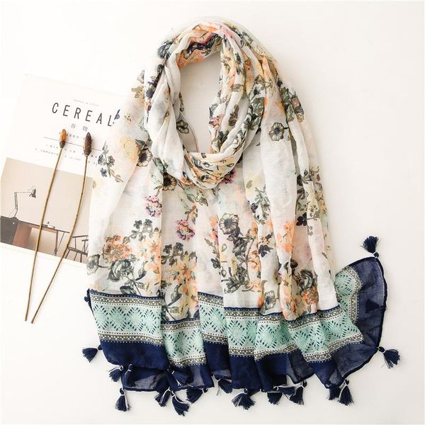 

scarves 90*180cm fashion high-grade flowers cotton and linen female polyester scarf printing gift custom national wind shawl beach towel, Blue;gray