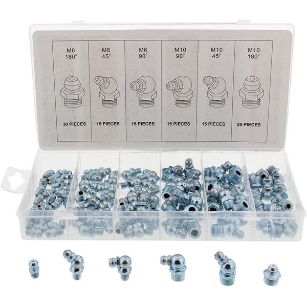 

professional spray guns hydraulic grease zerk fitting metric 110-piece kit - straight, 90-degree, 45-degree angled zerks assortment set(m6 m