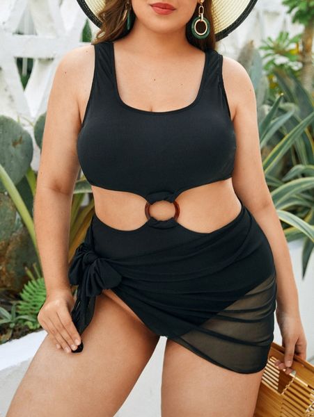 

2pack plus rib ring linked one piece swimsuit & beach skirt y53h#, Black