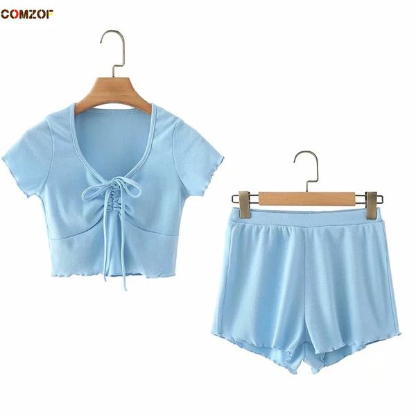 

bandage short sleeve t shirt+shorts women 2021 summer 2 piece set ins crop v-neck high waist suits clothing ensemble femme, Gray