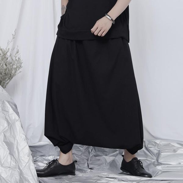 

men's pants casual loose low-grade large japanese nine point dark design folding wide leg, Black