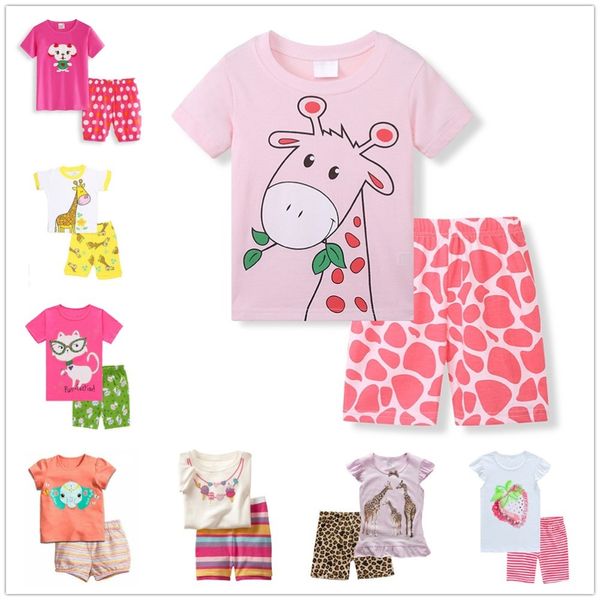 Pembe Zürafa Bebek Kız Giysileri Suits Sevimli Yaz Çocuk Pijama Setleri Kız T-shirt + Pantolon 2 adet Setleri Pamuk Kıyafet Çocuk Pijama 210413